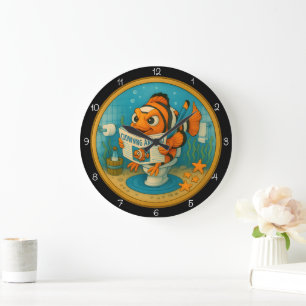 Grande Horloge Ronde Salle de bain humoristique de poisson clown