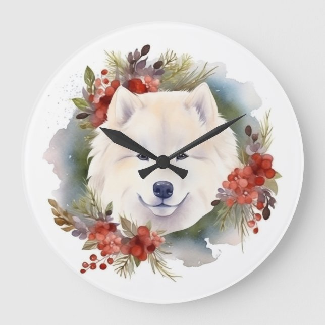 Grande Horloge Ronde Samoyed Christmas Wreath Festive Pup (Recto)
