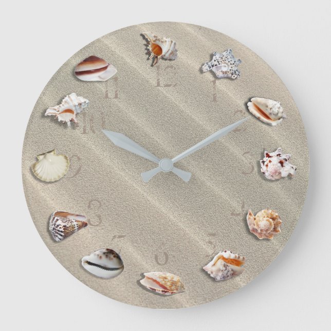 GRANDE HORLOGE RONDE SANDY BEACH WITH SEASHELLS, ROUND WALL CLOCK (Recto)