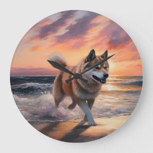 Grande Horloge Ronde Sandy Paws Akita Chien sur le coucher du soleil de
