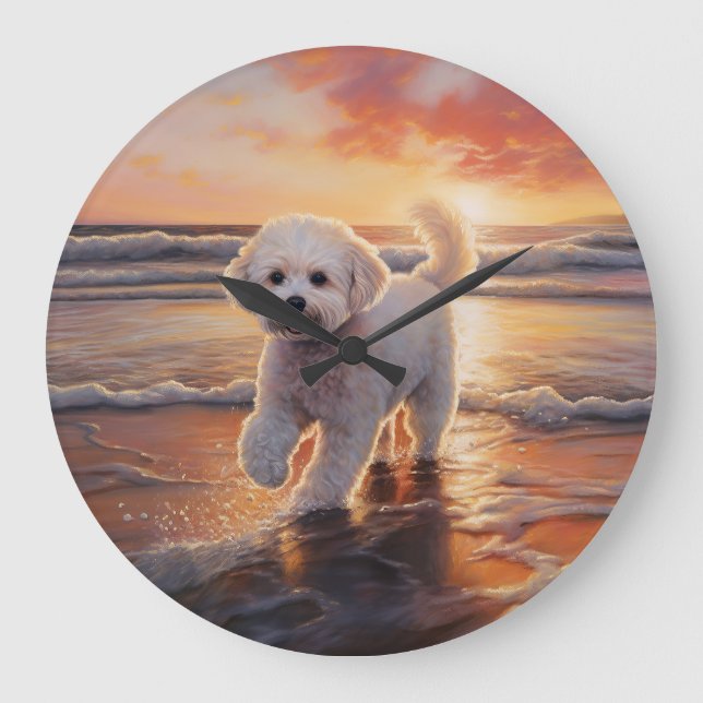 Grande Horloge Ronde Sandy Paws Bichon Frise Dog sur Beach Sunset (Recto)
