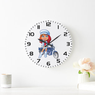 Grande Horloge Ronde Sassy Biker Girl avec cheveux rouges et moto