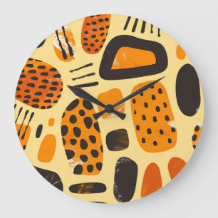 Grande Horloge Ronde "Savanna Pop : Vibes tribales en orange et noir"