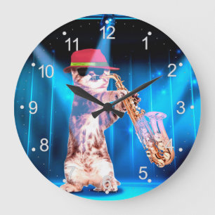 Grande Horloge Ronde Saxophoniste de chats