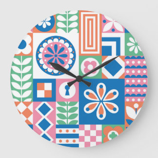 Grande Horloge Ronde Scandinave Folk Floral Abstrait Motif