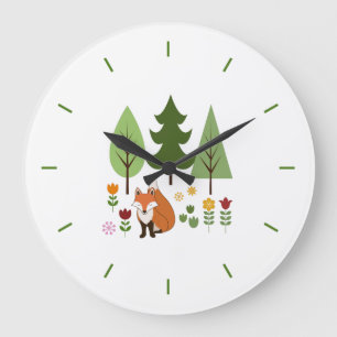 Grande Horloge Ronde Scandinavian Style Fox Flowers Trees Illustration