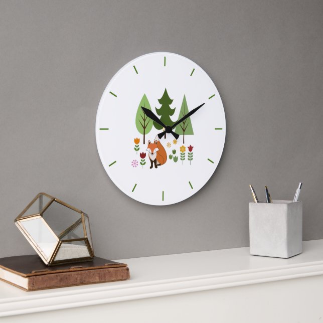 Grande Horloge Ronde Scandinavian Style Fox Flowers Trees Illustration (Bureau)