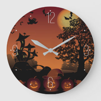 Grande Horloge Ronde Scène de cimetière d'Halloween Chauve-souris citro