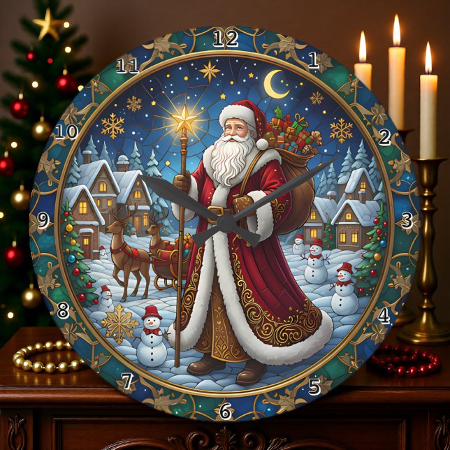 Grande Horloge Ronde Scène de vacances de verre teinté du Père Noël (Créateur téléchargé)