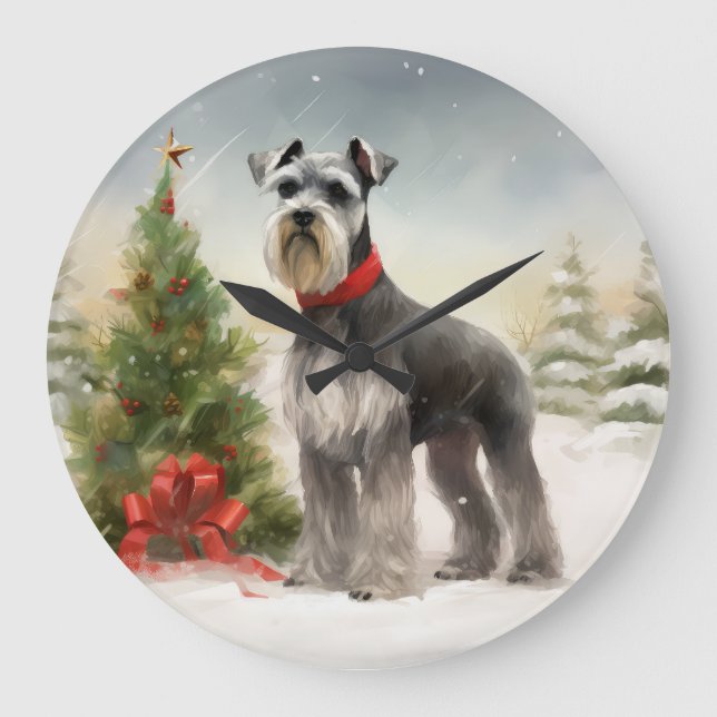 Grande Horloge Ronde Schnauzer Chien à Noël de neige (Recto)