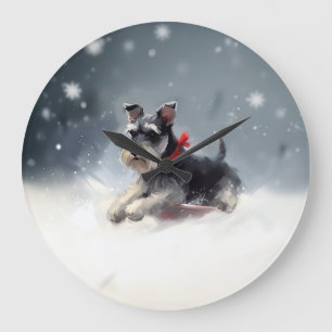 Grande Horloge Ronde Schnauzer miniature neige de Noël hiver