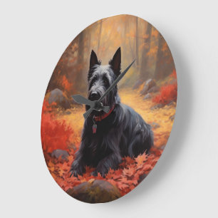 Grande Horloge Ronde Scottish Terrier dans les feuilles d'automne qui t