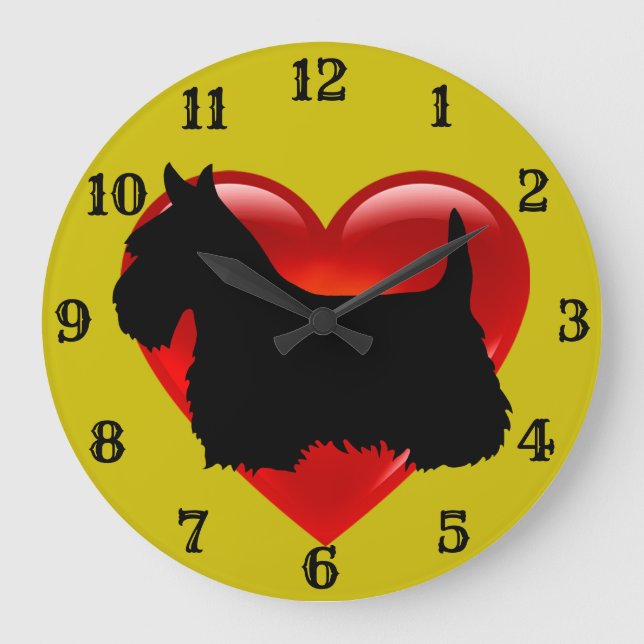 Grande Horloge Ronde Scottish Terrier noir silhouette red heart/gold (Recto)