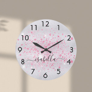 Grande Horloge Ronde Script de nom de la poussière rose de parties scin