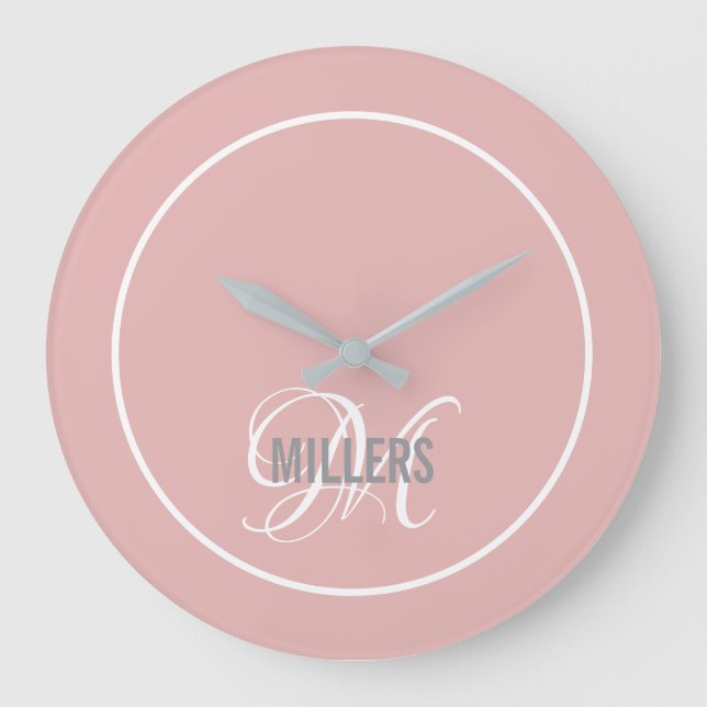 Grande Horloge Ronde Script rose vif moderne monogramme nom de famille  (Recto)