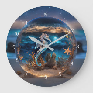 Grande Horloge Ronde Seahorse et Starfish Beach Coastal Wall Clock Art