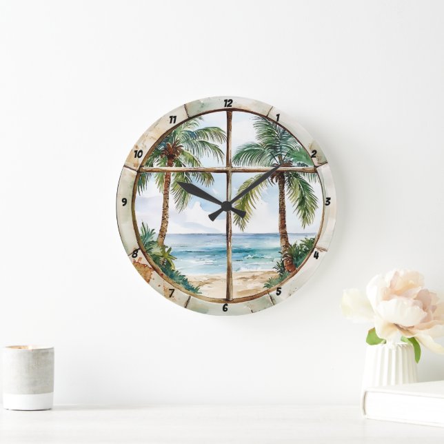 Grande Horloge Ronde Seaside Serenity" - Fenêtre nautique Plage tropica (Maison)