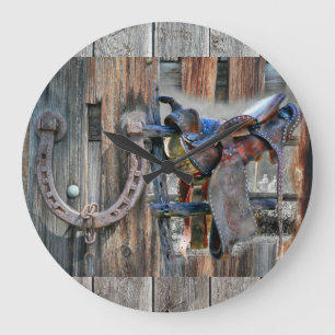 Grande Horloge Ronde Selle de cheval en fer à cheval Rustique Western