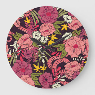Grande Horloge Ronde Serpents de la jungle, fleurs tropicales, motif vi