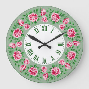 Grande Horloge Ronde Shabby Chic Fleurs Rouges Vertes Vintage Français