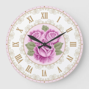 Grande Horloge Ronde Shabby Chic Français Vintage Or Magenta Pâle
