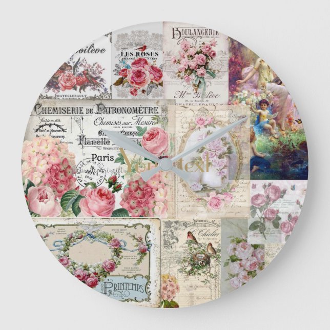 Grande Horloge Ronde Shabby collage chic, campagne victorienne, découpa (Recto)
