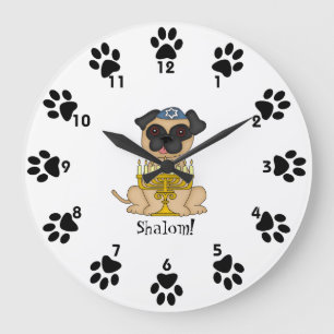Grande Horloge Ronde Shalom ! - Chien mignon de carlin avec Menorah