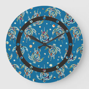 Grande Horloge Ronde Shamanic Sea Turtles Pattern + your backgr. color