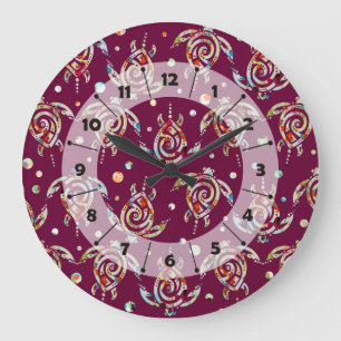 Grande Horloge Ronde Shamanic Sea Turtles Pattern + your backgr. color