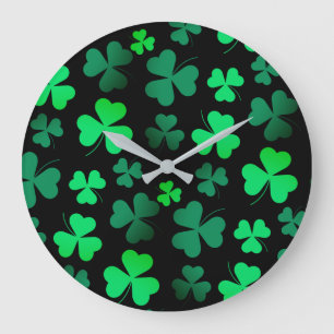 Grande Horloge Ronde Shamrock Clover Moderne tendance Noir et Vert