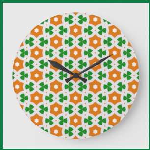 Grande Horloge Ronde Shamrock géométrique irlandais subtil orange et ve