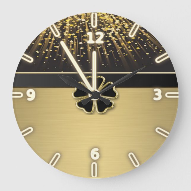 Grande Horloge Ronde Shamrock irlandais élégant, Faux Gold Confetti (Recto)