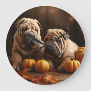 Grande Horloge Ronde Shar Pei Chiot Automne Citrouille de plaisir