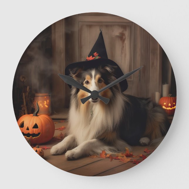 Grande Horloge Ronde Shetland Sheepdog Citrouille Halloween effrayant (Recto)