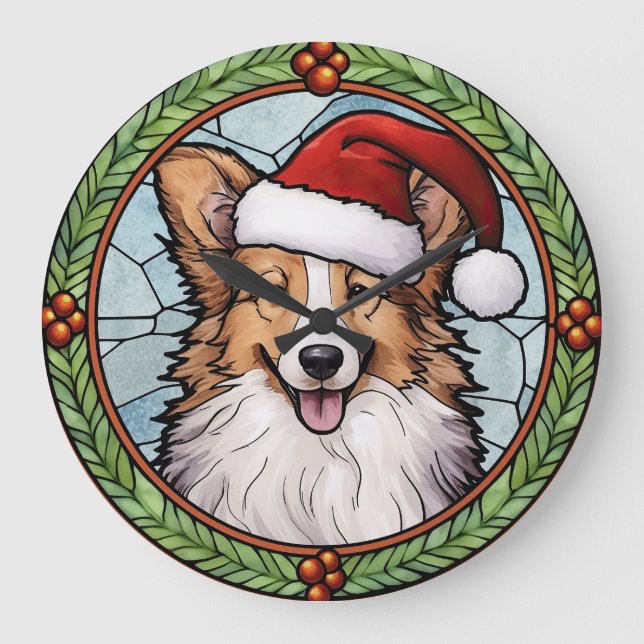 Grande Horloge Ronde Shetland Sheepdog Vitrail Noël (Recto)