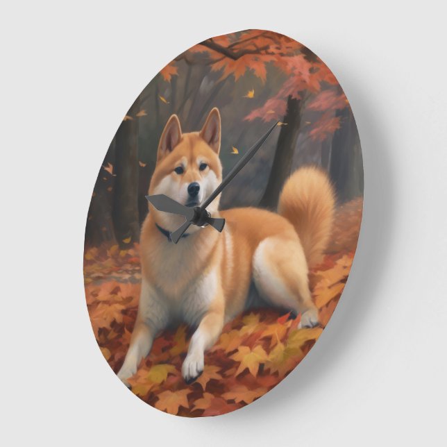 Grande Horloge Ronde Shib Inu en automne Leaves automne Inspire (Angle)