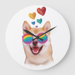 Grande Horloge Ronde Shiba Inu Chien avec Coeurs Saint Valentin