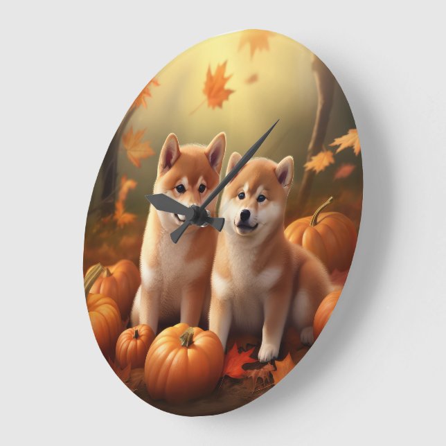 Grande Horloge Ronde Shiba Inu Chiot Automne Citrouille de plaisir (Angle)