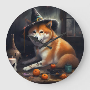 Grande Horloge Ronde Shiba Inu Citrouilles Halloween effrayant