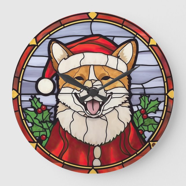 Grande Horloge Ronde Shiba Inu Vitrail Noël (Recto)