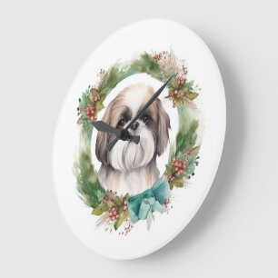 Grande Horloge Ronde Shih Tzu Christmas Wreath Festive Pup