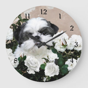 Grande Horloge Ronde Shih Tzu et roses