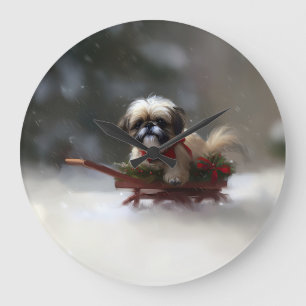 Grande Horloge Ronde Shih Tzu hiver neige de Noël
