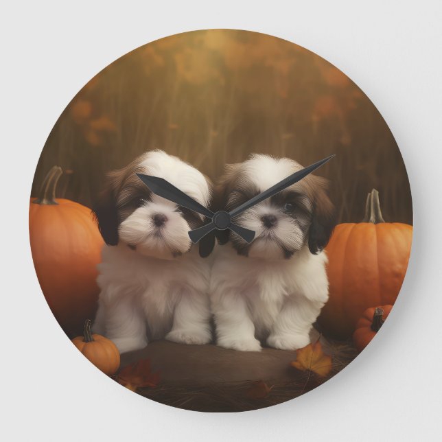 Grande Horloge Ronde Shih Tzu Puppy Automne Citrouille de plaisir (Recto)