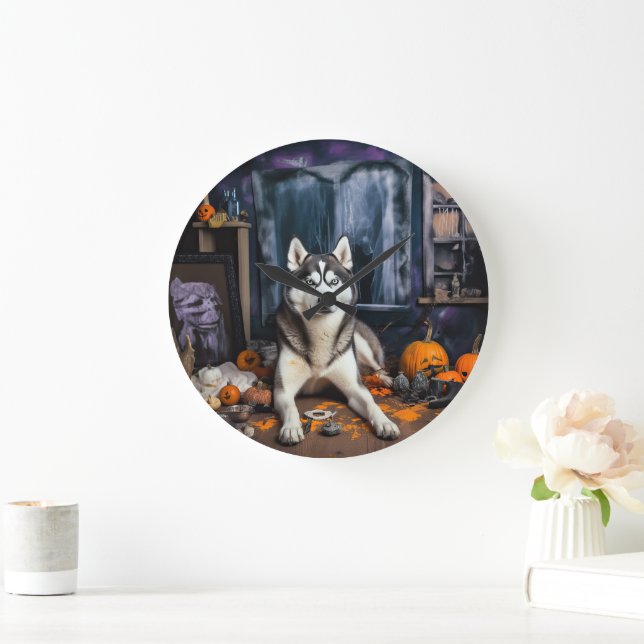 Grande Horloge Ronde Sibérie Husky Citrouille Halloween effrayant (Maison)