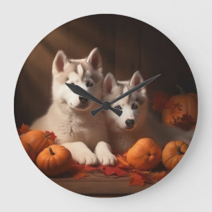 Grande Horloge Ronde Sibérie Husky Puppy Citrouille d'automne