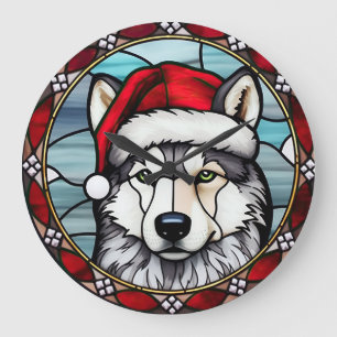 Grande Horloge Ronde Sibérien Husky Vitrail Noël