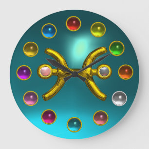 GRANDE HORLOGE RONDE SIGNE ZODIAQUE PISCES IMPRIMÉES 3D COLORÉS GEMST