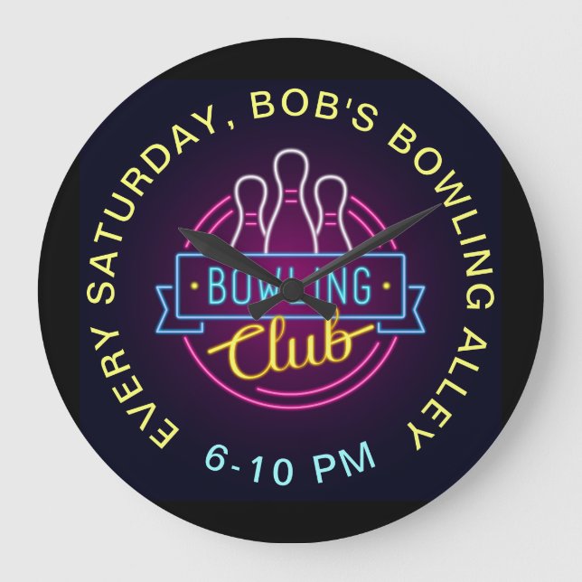 Grande Horloge Ronde Signes de style néo Bowling Club Texte personnalis (Recto)