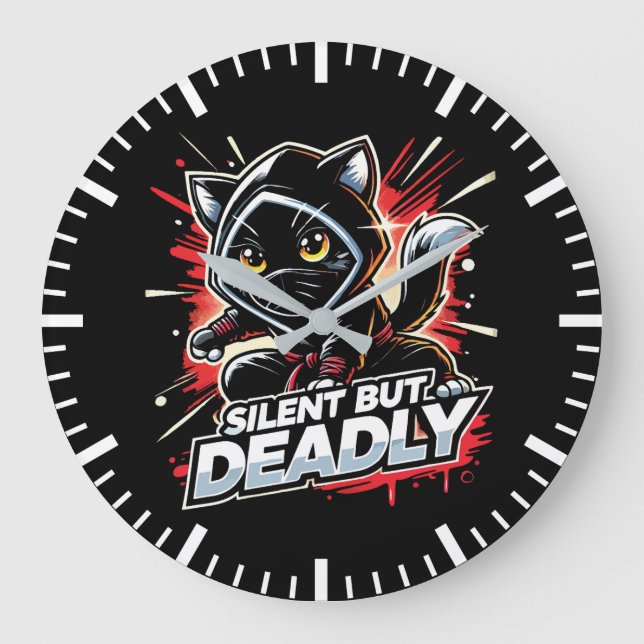 Grande Horloge Ronde Silencieux Mais Mortel - Mignonne Ninja Chat (Recto)